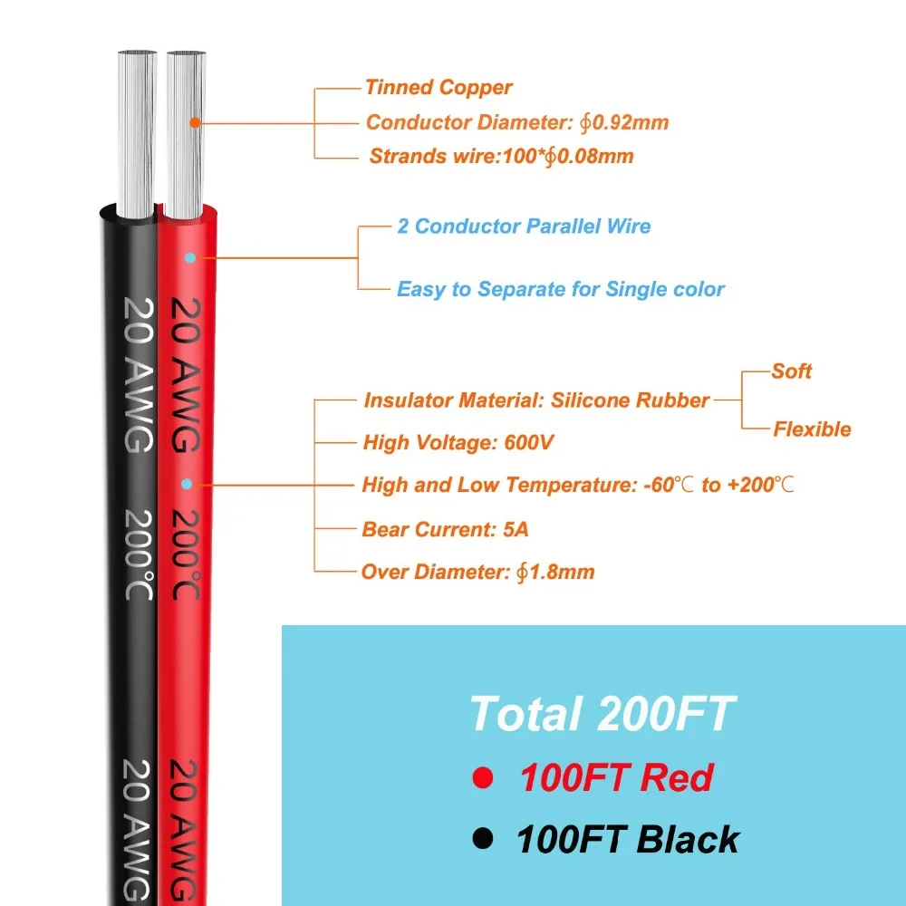 20 awg Электрический провод с силиконовой оплеткой 2 проводника параллельная проводная линия 60 м [черный 30 м красный 30 М] Подключение кислорода луженая медь