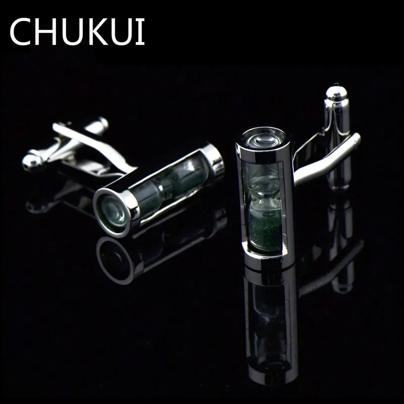

CHUKUI 2019 New Design Cufflinks Mens Shirt Cuff Button Green Sand Clock Shape For Men Gift Silver