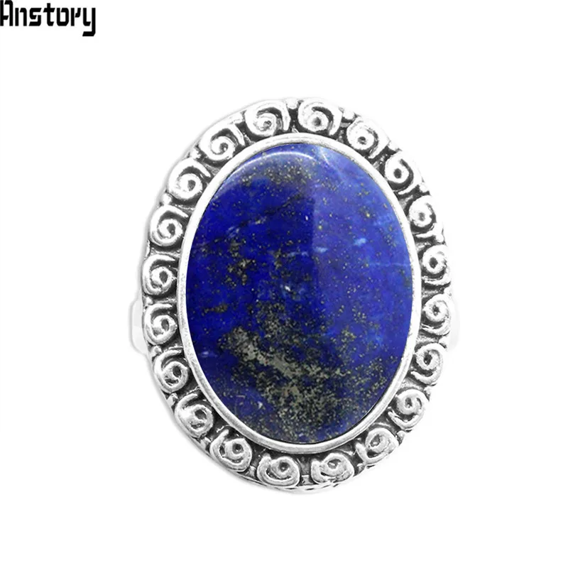 

Oval Lapis Lazuli Rings Vintage Natural Stone Rings Antique Silver Plated Party Rings For Women Wedding Gift