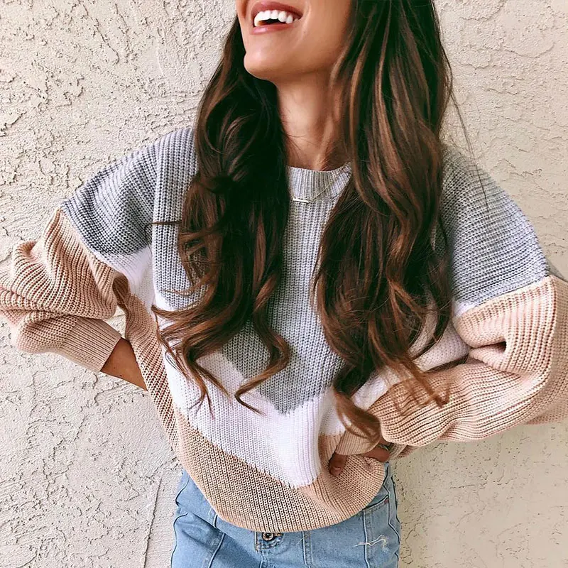 

Elegant Women Patchwork Sweaters Brand Winter Warm Loose Knitted Pullovers Fashion Sweet O-Neck Lantern Sleeve Jumpers Female