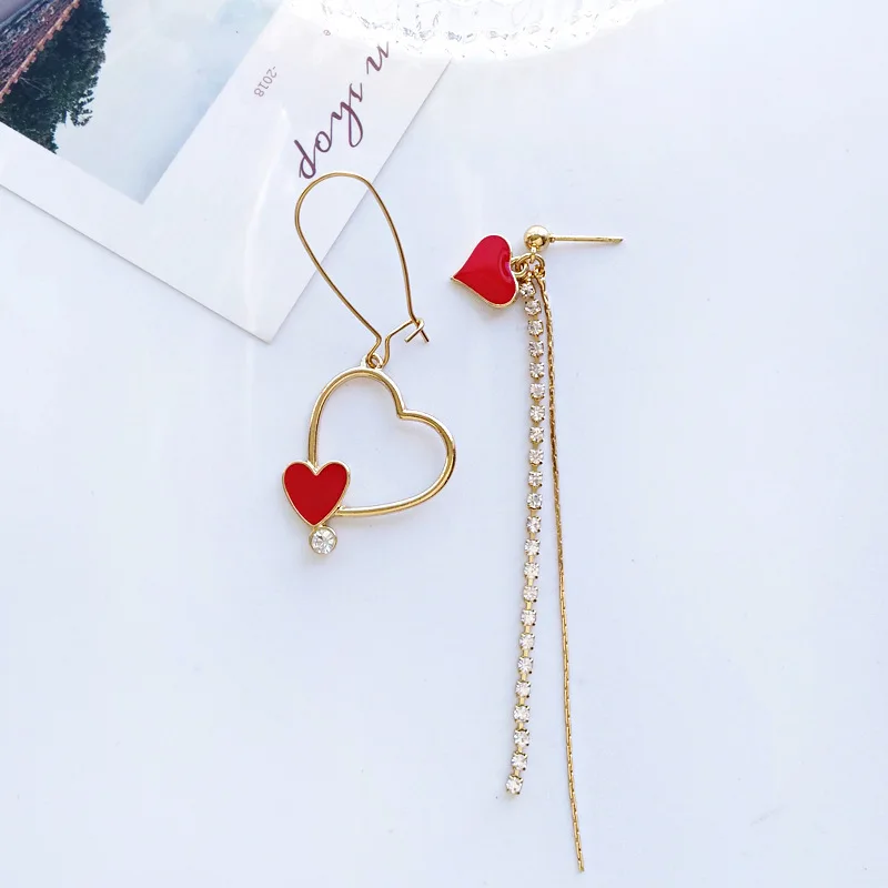 

Cute Asymmetric Hollowed out Red Heart Clip Earring without Piercing Stone thread Line Long Tassel Clip on Earrings No Pierced