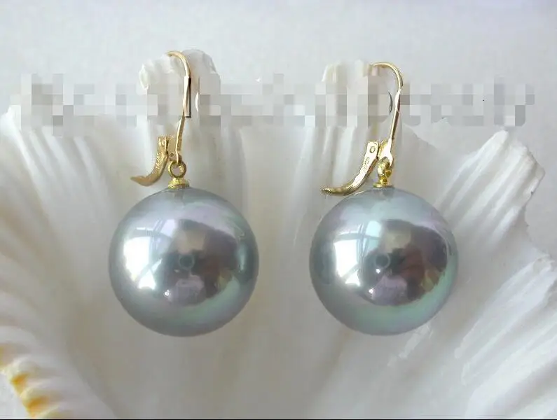 

Free Shipping >>>>stunning big 20mm round gray south sea shell pearl dangle earrings 14K m487