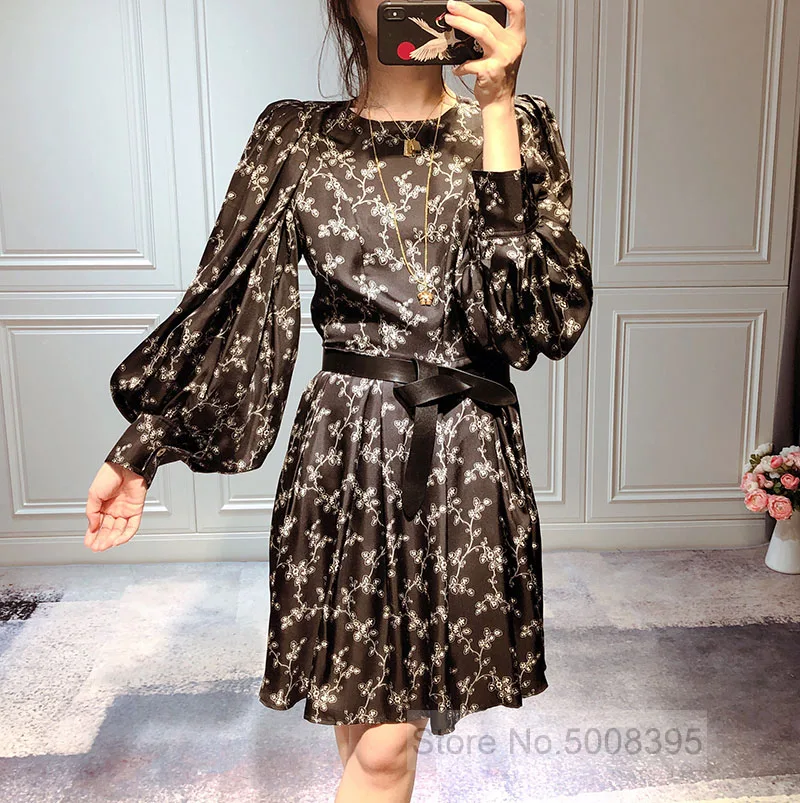 

WISHBOP Black Printed REONE Short Floaty Silk DRESS Round Neck Long Puff Sleeved Buttoned Cuffs Brand NEW 2019SS
