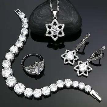 

Bridal Jewelry Kits 925 Silver Sets For Women Wedding White Cubic Zirconia Earrings Pendant Ring Bracelet Necklace Sets