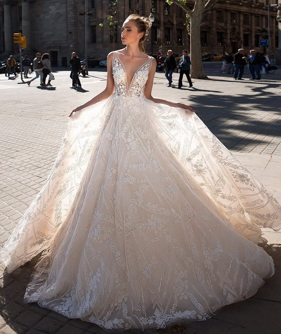 Модное кружевное свадебное платье в стиле бохо A-Line Vestido De Noiva соблазнительное Тюлевое свадебное платье с блестками