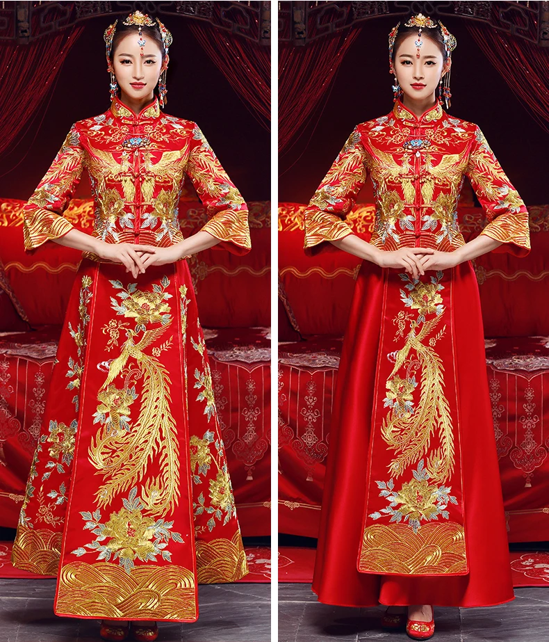 Невесты cheongsam Винтаж китайский стиль свадебное вечернее платье костюмы вышивка феникс Qipao Костюм Vestidos плюс размеры S-5XL