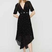 Новинка весны, женская элегантная плиссированная юбка с v-образным вырезом, коротким рукавом, вышивкой в виде красного сердца