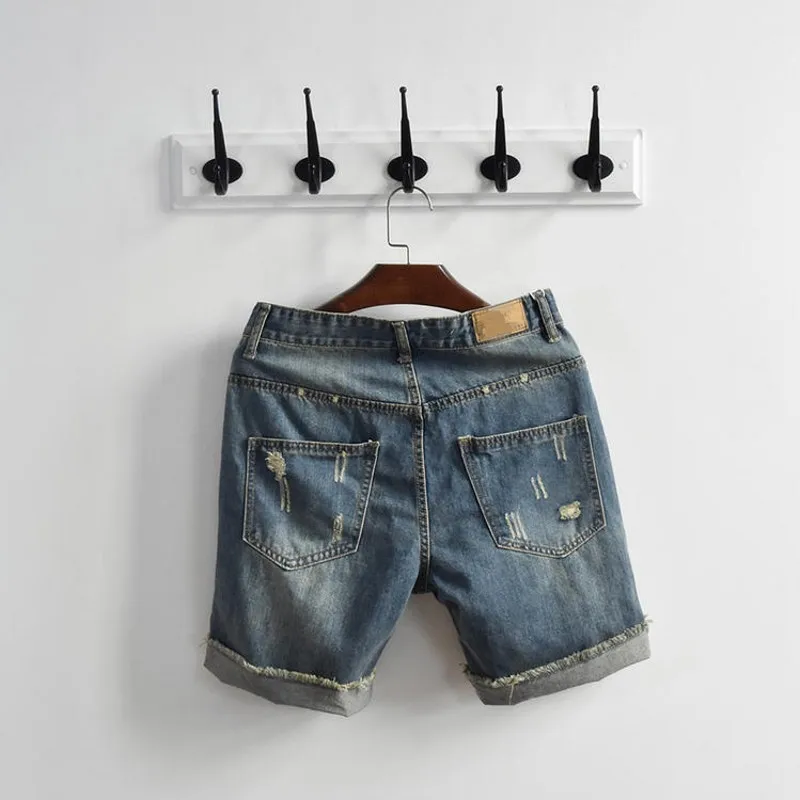 Летние рваные большой джинсовые шорты для мальчика классический моющийся наколенник Длина уличная пляжная Молния Fly мужские брюки