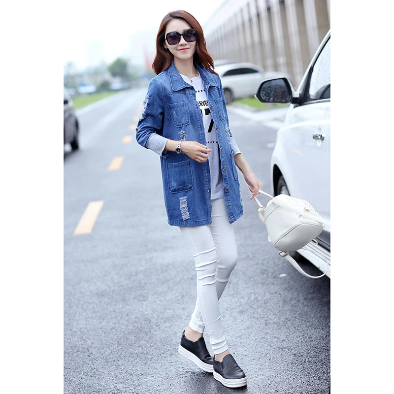low cost Long Jeans Jacket Women Casacos Feminino Slim Ripped Denim Jacket Femme Elegant Vintage Frayed Jack