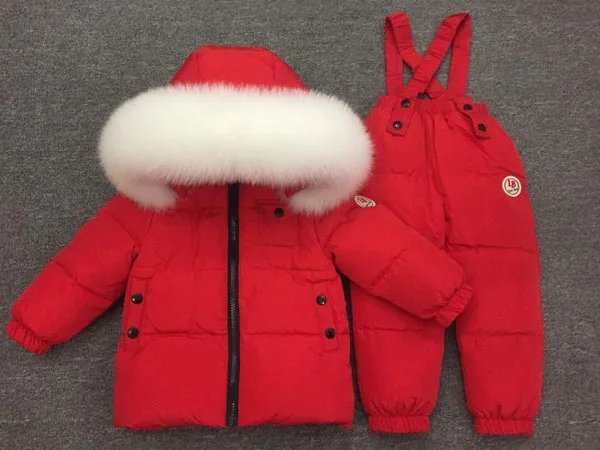 Для детей в русском стиле; плотный пуховый комплект; Детский пуховик; Лыжная куртка; костюм; натуральный белый большой воротник из лисьего меха - Цвет: Красный