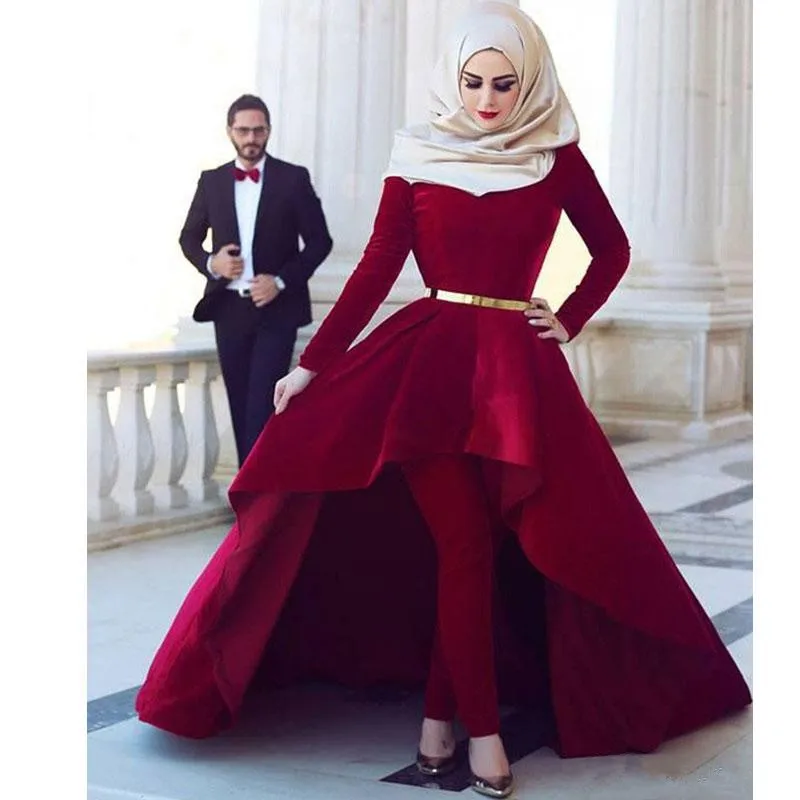 

Burgundy Muslim Evening Dresses 2019 Ball Gown Long Sleeves Velvet Sash Islamic Dubai Saudi Arabic Long Formal Evening Gown Prom