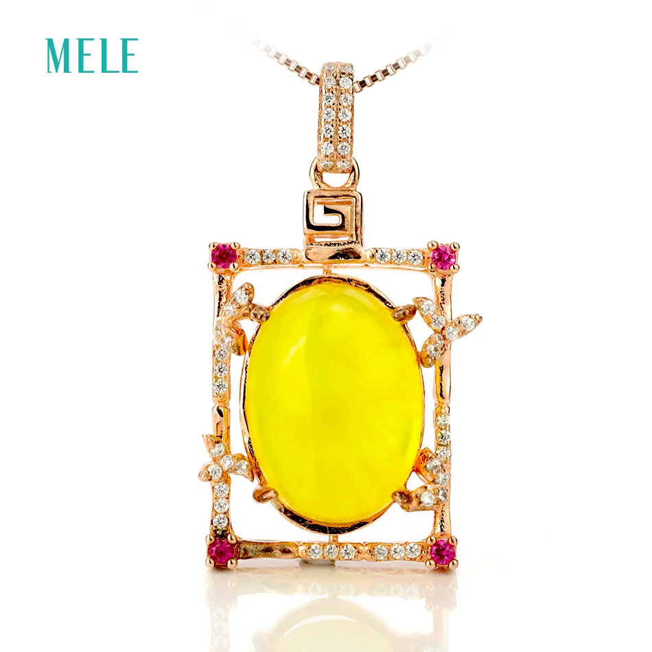 

MELE Natural yellow prehnite silver pendant, oval 12mm*16mm, top quality and fashion design, direct factory price