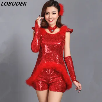 

Women Modern Dance Clothing Red Pink Feathers Sequins Set Performance Costume Dancer Groups Party Jazz Cheering-section Costume