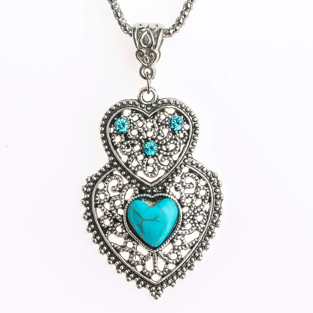 

SHUANGR High Quality Double Heart Pendant with Rope Chain Blue Crystal Natural Stone Bohemian Love Necklace Jewelry for Women
