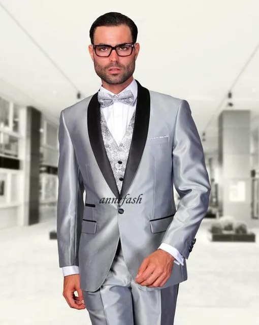 Shiny Silver Beach Wedding Groom Suits With Black Shawl Lapel