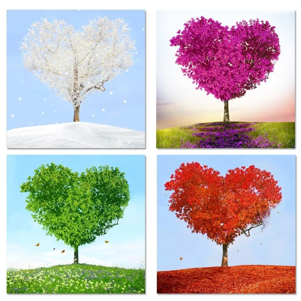 

Paintings On Canvas Wall Art Home Decor 4 Pieces Loving Trees Pictures Living Room HD Prints Purple Heart Trees Poster