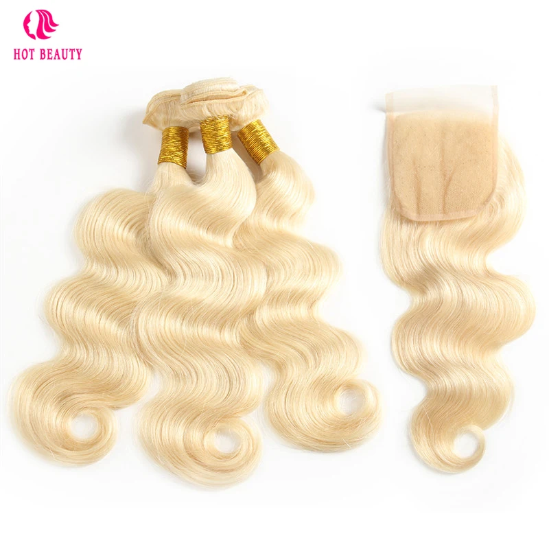 

Hot Beauty Hair Brazilian Remy Body Wave Hair 3 Bundles With Closure Free Part 613 Blonde Color Hair Human Hair With 4x4 Closure