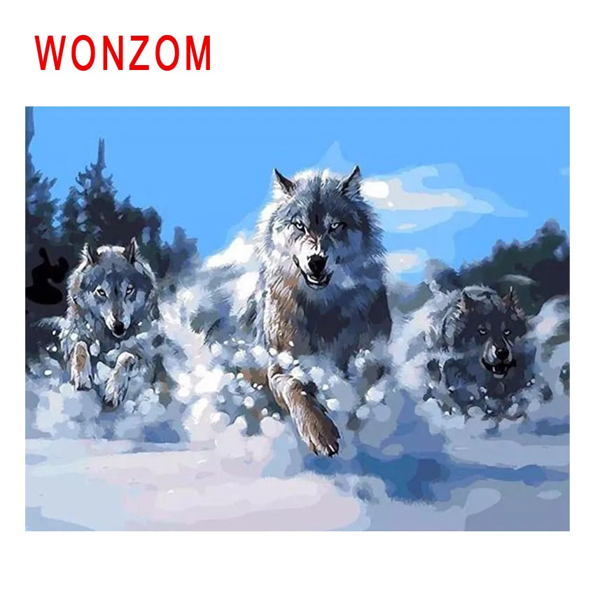 WONZOM лесная краска ing по номерам абстрактная масляная снежного волка Animal Cuadros