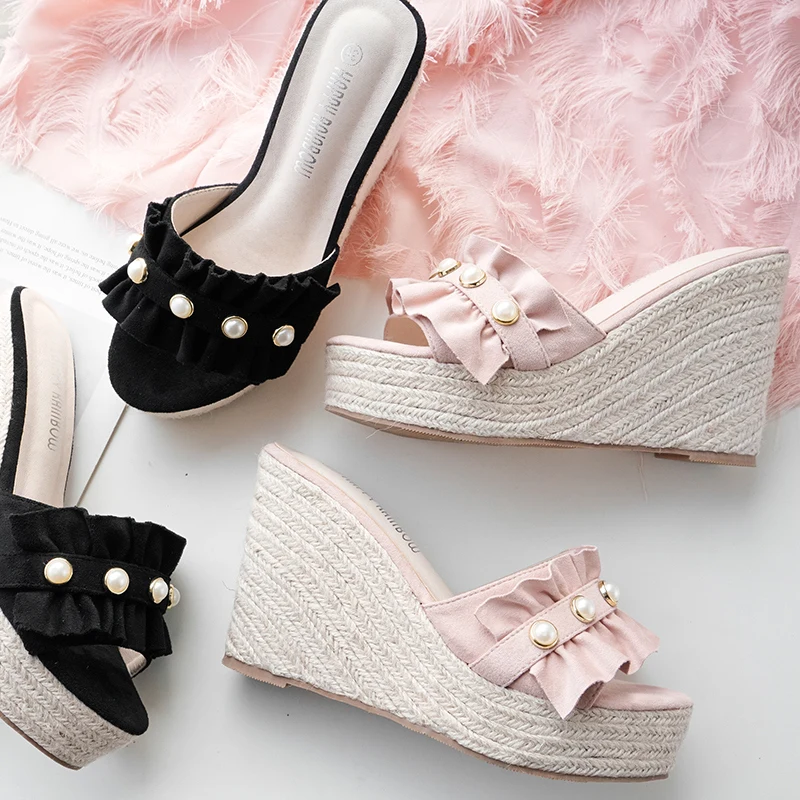 

2019 Women Crystal Wedges Fringe Black Sandals Weaving Rope Slides 11cm High Heels 4cm Platform Pearl Pink Slippers Shoes YCH-45