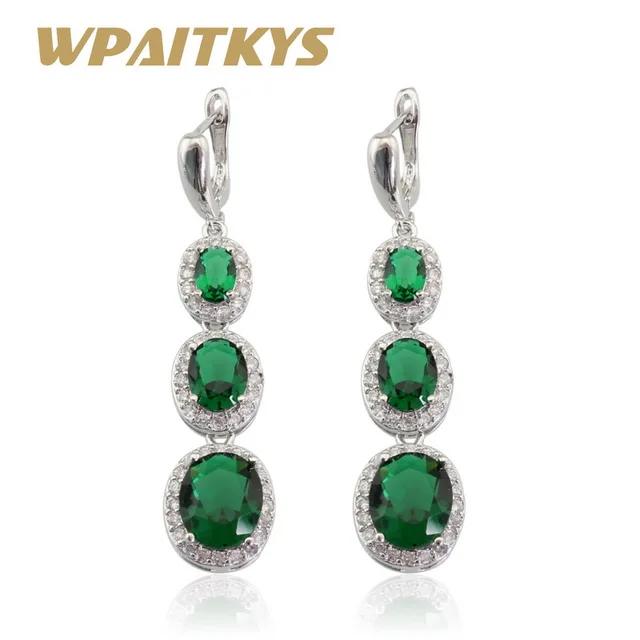 Clic Green Stones White Cz Silver Color Jewelry Women Long Drop Clic Green Stones White Cz Silver Color Jewelry Women Long Drop Earring Free Box Christmas Gift