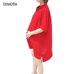 Беременная женщина Шифоновая блузка Blusas Осень закатать рукава Высокий Низкий Подол свободную рубашку пуловер Плюс Размеры Одежда для
