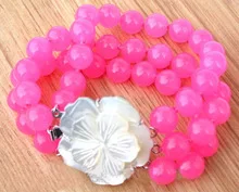 

Women Gift word Love Excellent 3strands 10mm pink round gem bracelet shell flower clasp Girl Woman MEN Quartz jew