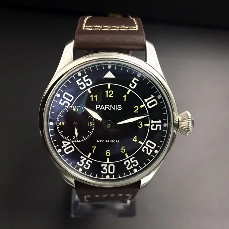 

44mm Luxury Brushed Stainless Steel Case Black Dial Leather Strap 6497 Hand-wound Mechanical Men Watch Parnis