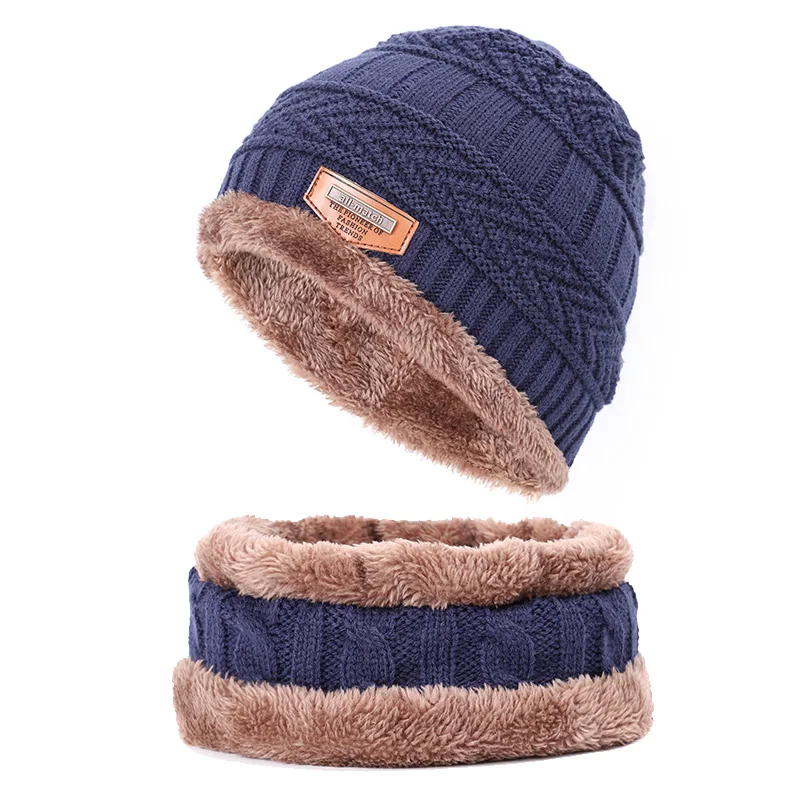 Новые Вязаные хлопковые шапки для мальчиков на осень и зиму, теплые шапки-бини из плотного бархата, лыжные маски, шапки, шарф, теплые шапки для мальчиков и девочек - Цвет: Navy