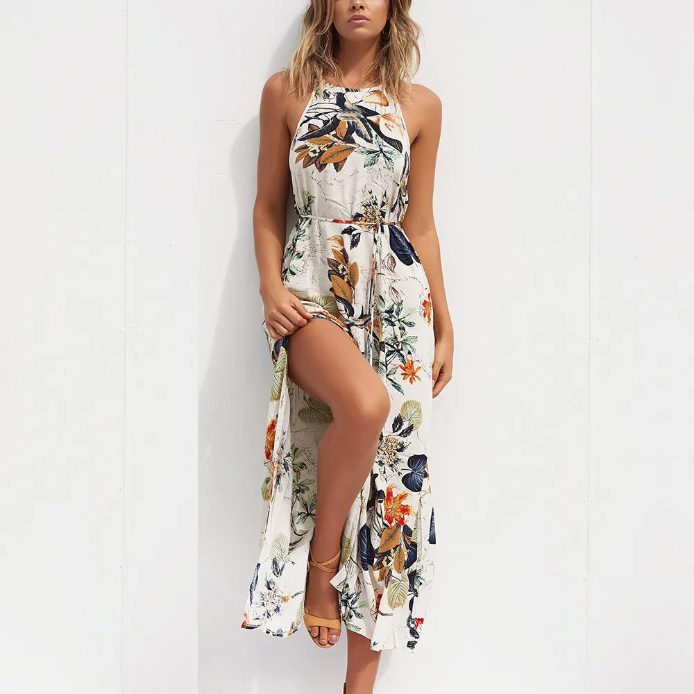 Ladies Print Floral Long Boho Bohemian Beach Summer Dress Women Sundress Sexy Halter Sleeveless Maxi Vintage Dress Vestido