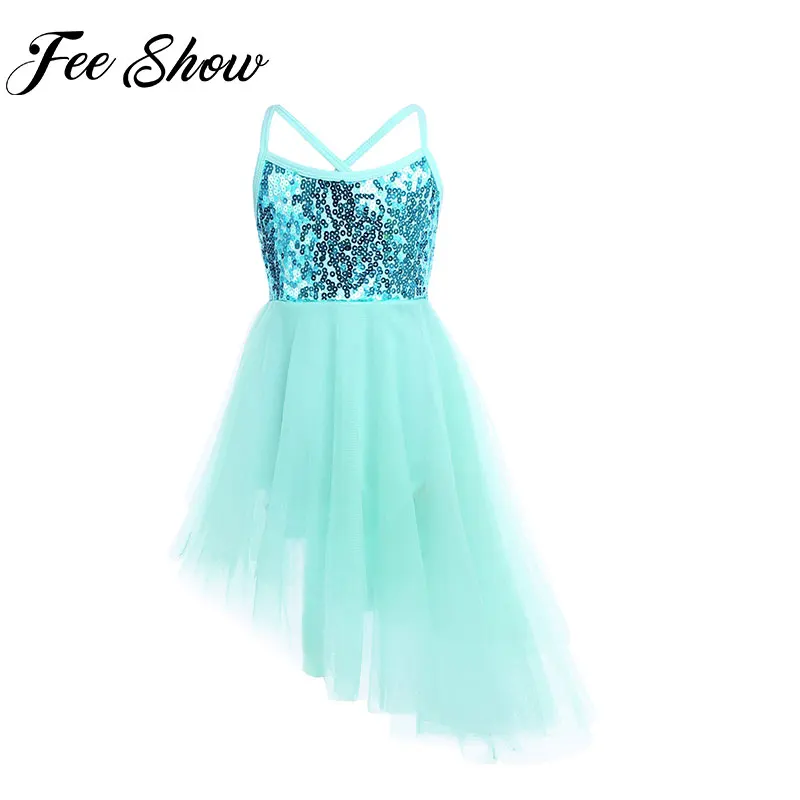 

FEESHOW Girl Ballet Dress Sequin Gymnastics Leotard Sleeveless Clothes Dance Wear With Irregular Chiffon Ballerina Costume