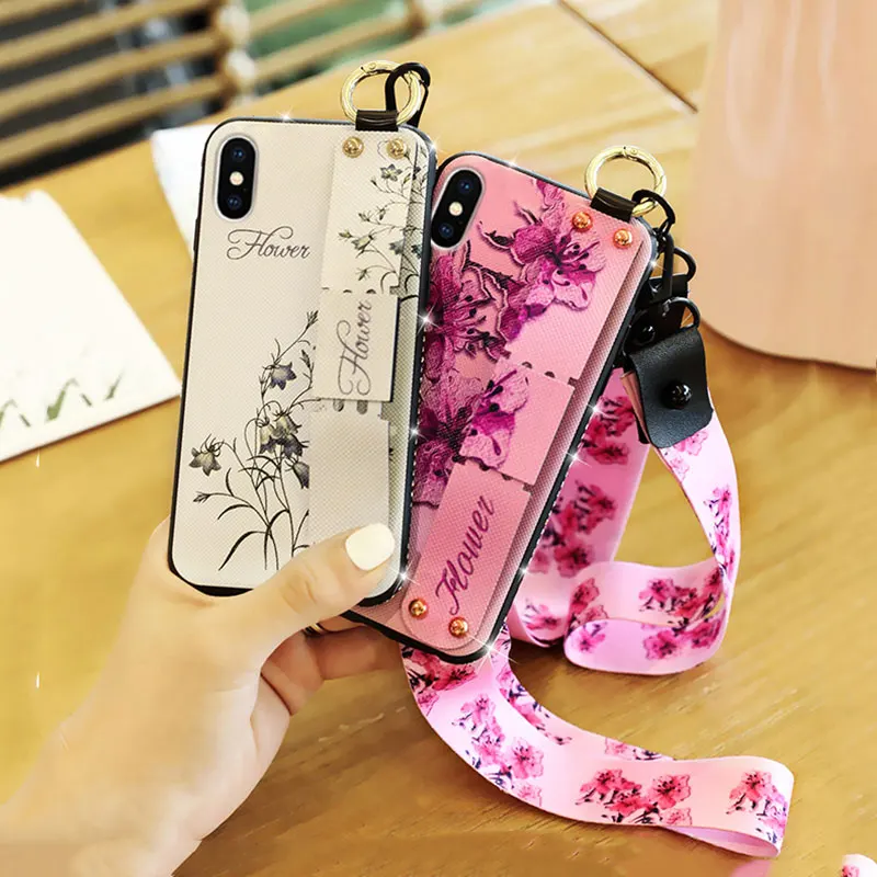 Блестящий Мягкий чехол на запястье с цветком для iphone11 Pro max 2019 подвесным браслетом