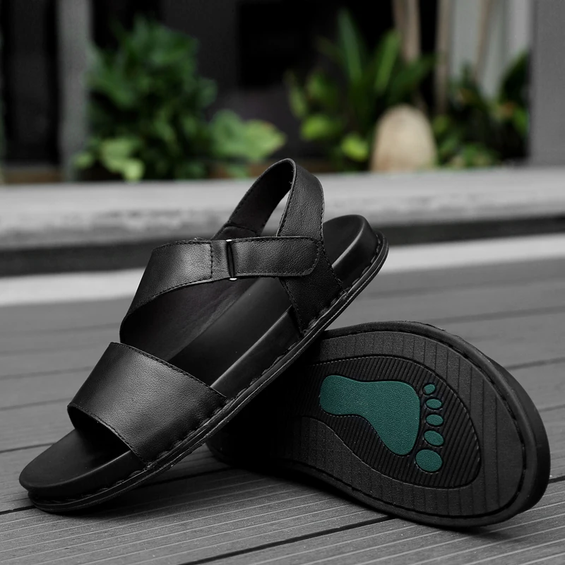 

2019 Men Concise Soft handmade Sewing Peep-toe Sandals Summer Fashion Beach Antiskid Hook & Loop Breathable Sandals men L5