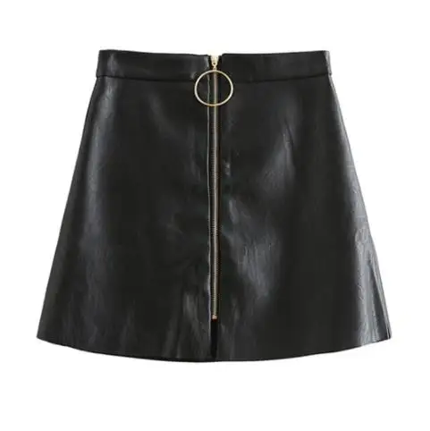 

Good quality PU leather mini skirts womens 2019 spring summer vintage High Waist O Ring zipper Design Black Leather Skirt