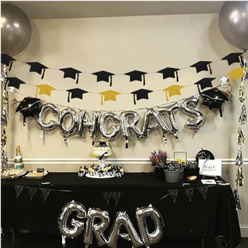 

4M Black Gold Glitter Graduation Bachelor Hat Banner Decoration Flag for School Graduation Celebration
