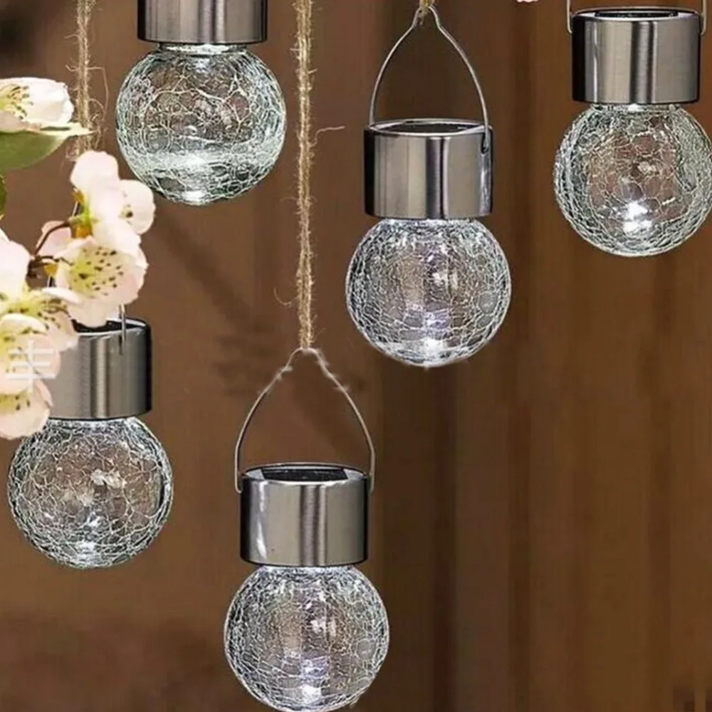 New 4pcs Crackle Glass Globe Solar Lights With Hanger Pathway Solar