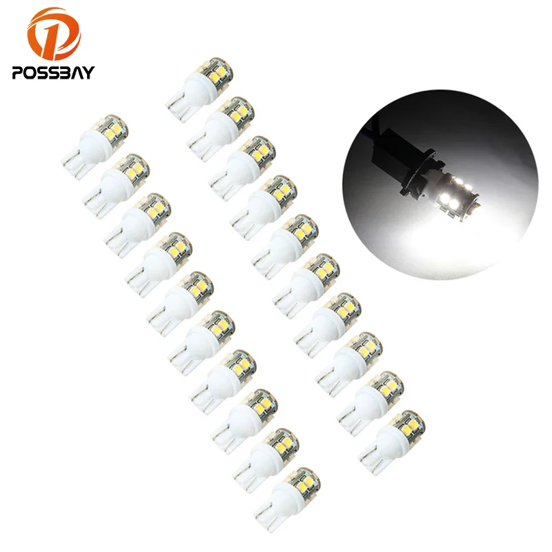 

POSSBAY 20Pcs T10 1210 10SMD 10 Led White Car Wedge Light W5W 194 Auto License Plate Clearance Lamp Reading Bulb for Universal