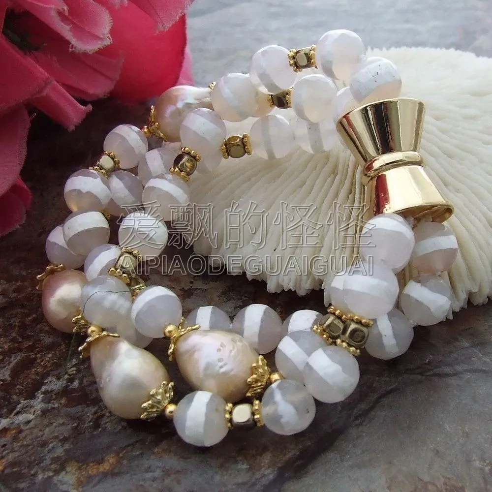 B113015 " 3 пряди розовый Кеши жемчуг браслет