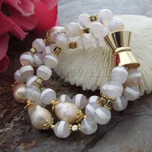 B113015 " 3 пряди розовый Кеши жемчуг браслет