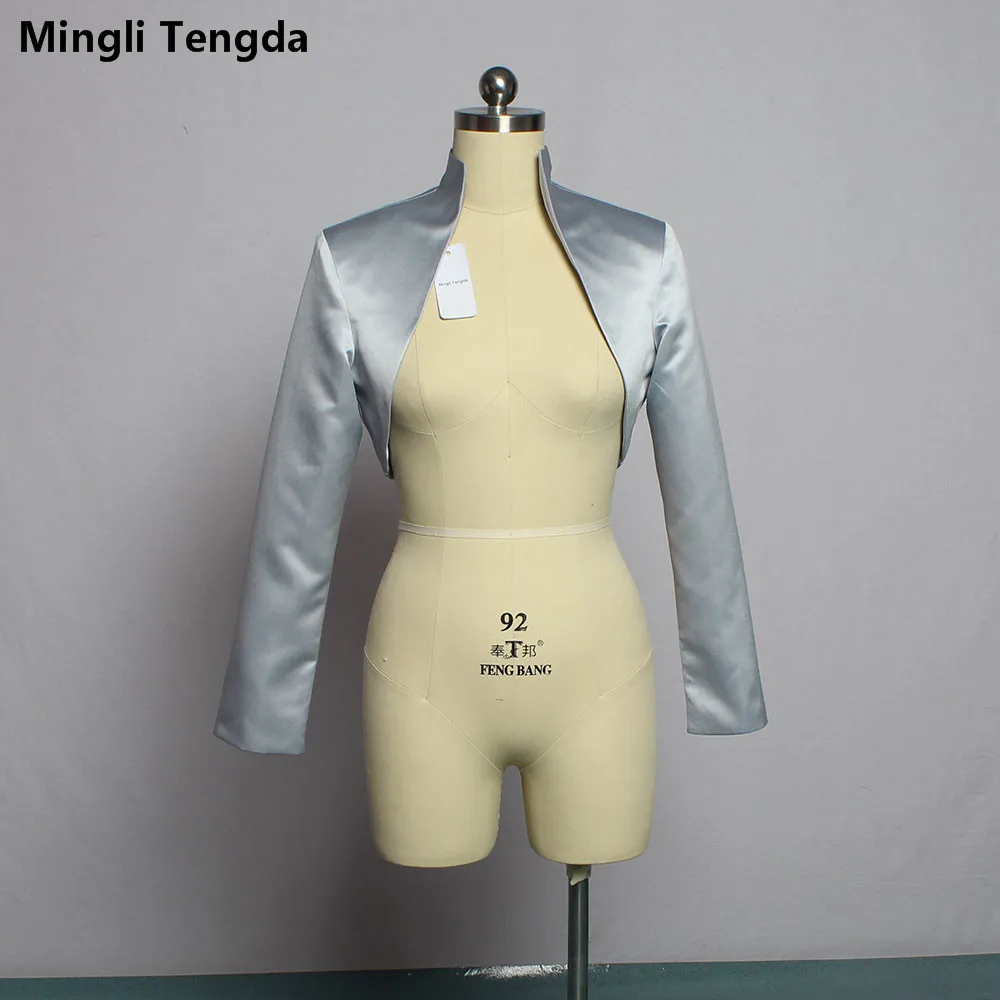 Новые популярные свадебные атласные куртки на заказ, свадебные модные болеро с воротником и длинными рукавами Mingli Tengda, Женская куртка