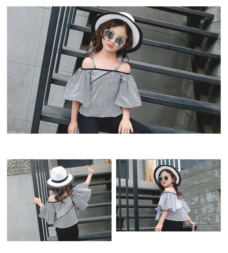 big girl summer shirt petal sleeve off shoulder black red striped blouse for girls toddler children clothing 2018 new tops clothes (10)
