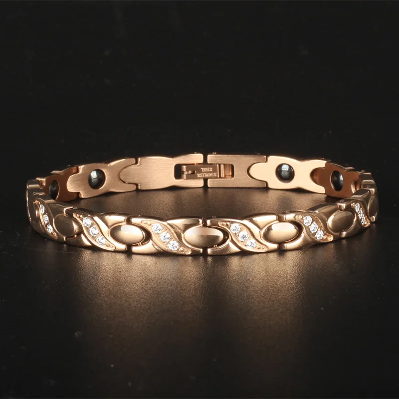 

Rose Gold Color Stainless Steel Bracelet Health Care Power Therapy Magnet Stone Bracelets For Women Shiny CZ Jewelry Accessories