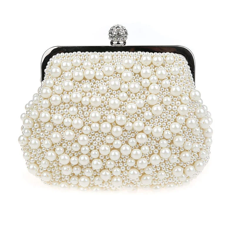 Full beaded women vintage evening bags imitation pearl shell shaped