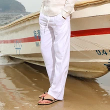 Весенние и летние мужские модные брендовые хлопковые льняные свободные штаны в китайском стиле, мужские повседневные простые тонкие белые прямые брюки