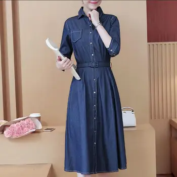 

2018 Spring women clothing denim dress jeans dress Female slim turn down collar pinched waist vestidos elegant casual long dress