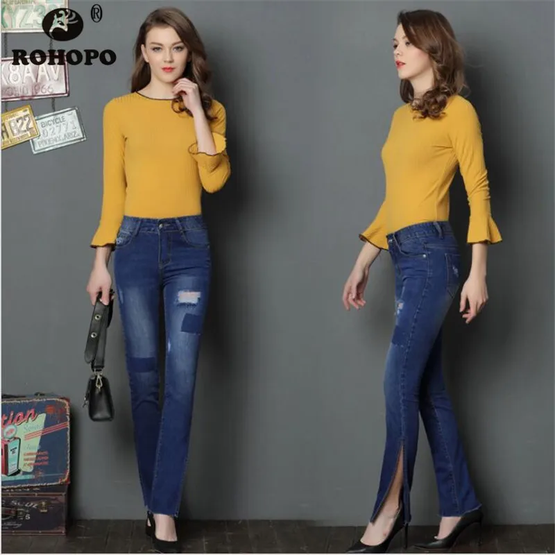 

Vintage Straight Denim Jeans Mid Waist Patchwork Side Split Ripped Denim Trousers Office Ladies Autumn Elastic Brand Jeans