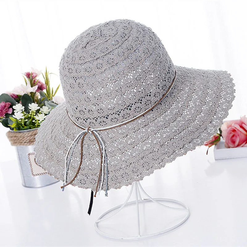Women Lace Hollow Straw Cap Large Brim Foldable Hat Summer Ladies Elegant Travel Caps Female Fisherman Sun Hats CP0200 (6)