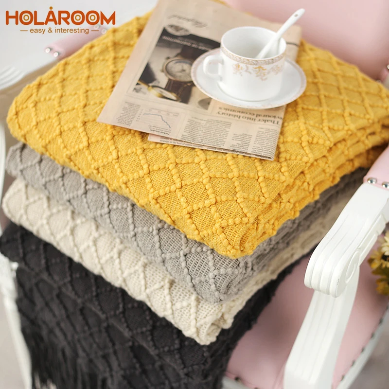 

Knitted Throw Travel Blanket Beige Dark Grey Sofa Throw Blanket Tassels Air Conditioned Blanket Geometric Pattern 130x150cm