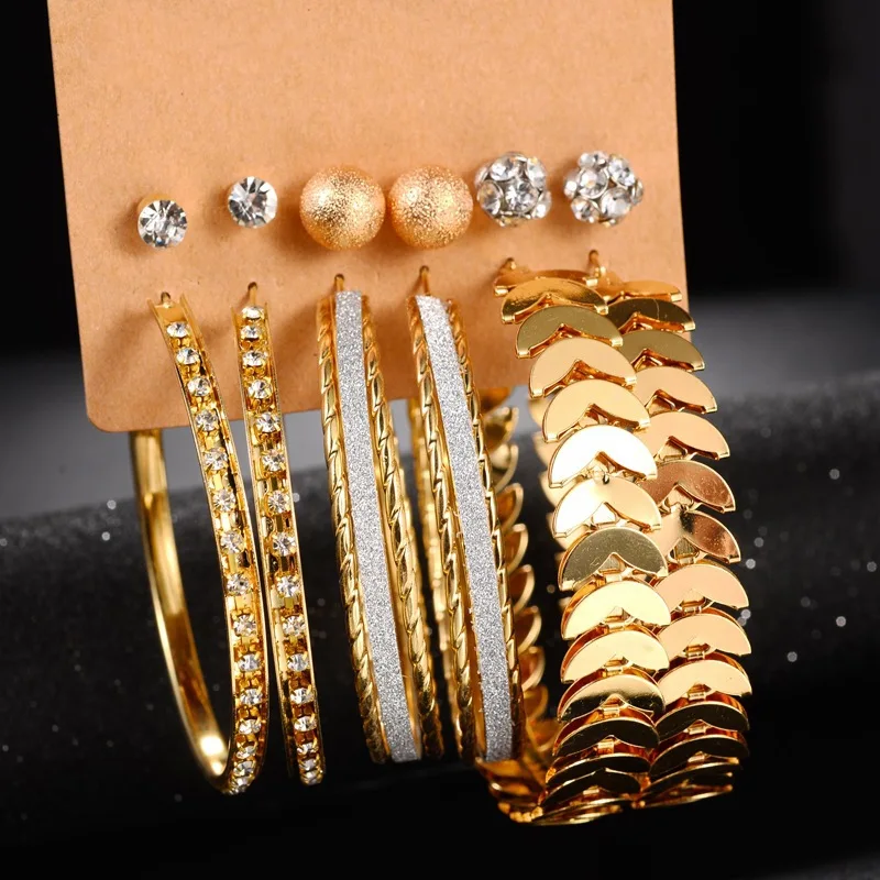 

6 Pairs/lot Golden Color earring set Big Round Circle Earings Set Women Fashion Loop Ear Jewelry Pendientes brincos