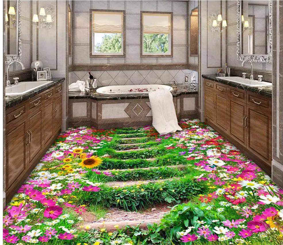 3d wallpaper pvc Bathroom floor bedroom 3D flower path floor 3d