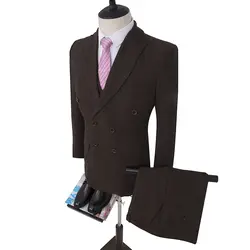 Куртка + брюки + жилет свадебные Для мужчин блейзеры темно-коричневый Твидовые костюмы Шерсть елочка двубортный мужской смокинг жениха